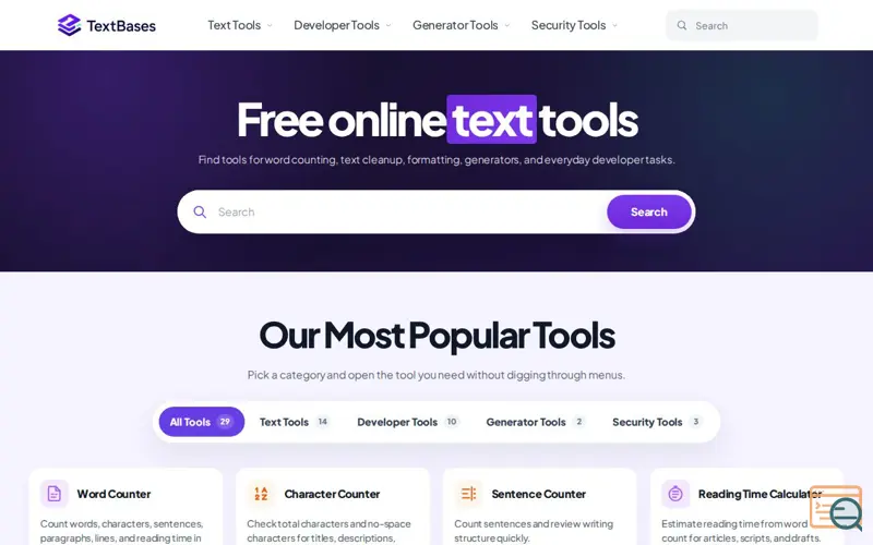 Screenshot of TextBases.app - Free Online Text, SEO, Generator & Developer Tools