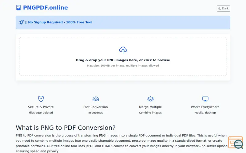 Screenshot of PNG to PDF Converter - Free Online Tool | No Signup