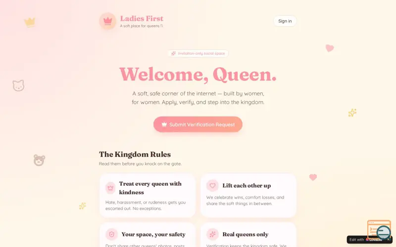 Screenshot of Ladies First — women only place to post.