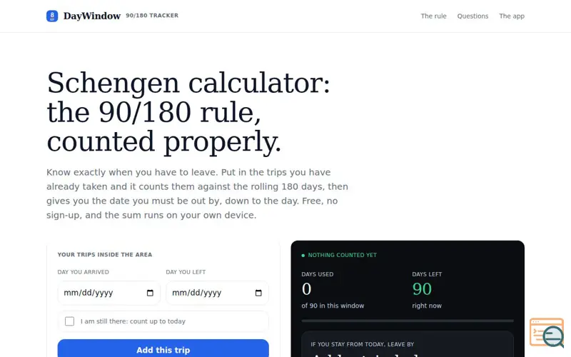 Screenshot of DayWindow Schengen Calculator