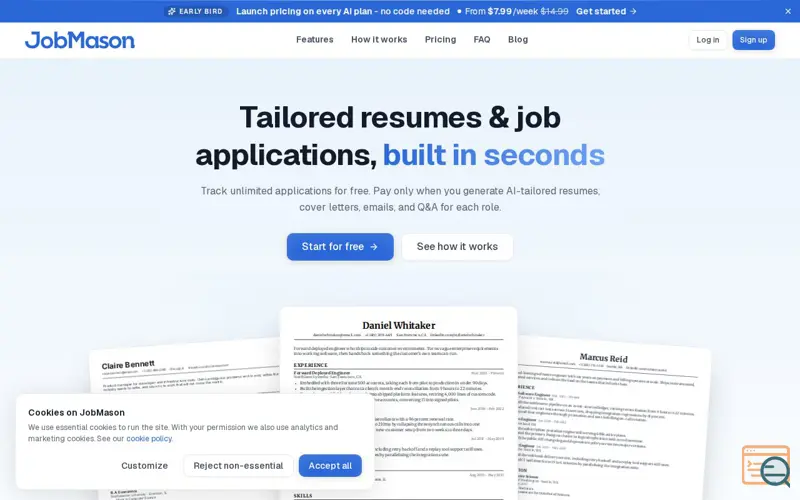 Screenshot of AI Resume & Cover Letter Tailoring for Any Job | JobMason, a launch using Firecrawl