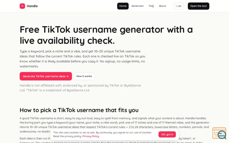 Screenshot of Handle — Free TikTok Username Generator