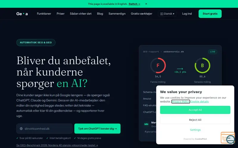 Screenshot of Geoa — Bliv anbefalet, når dine kunder spørger en AI | GEO for danske SMV'er