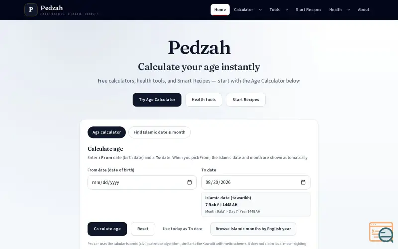 Screenshot of Pedzah — Free Age Calculator, Health Tools & Smart Recipes