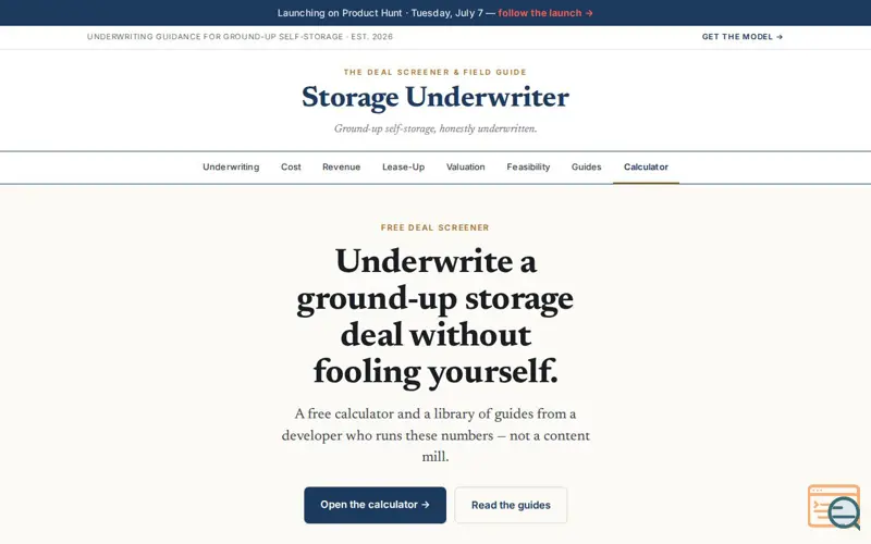 Screenshot of Self-Storage Development Underwriter