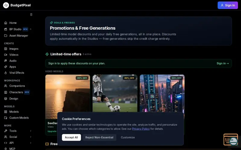 Screenshot of BudgetPixel Models Promotions