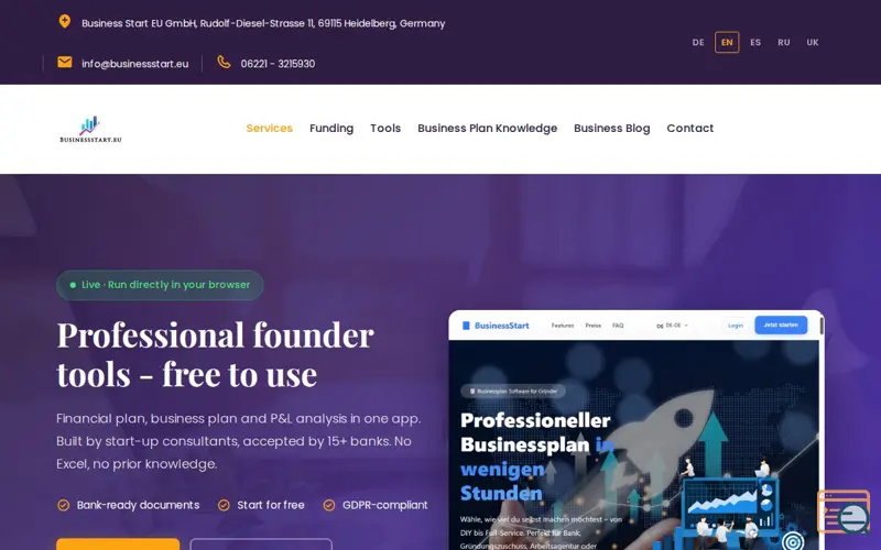 Screenshot of BusinessStart EU, a launch using GoServer Email