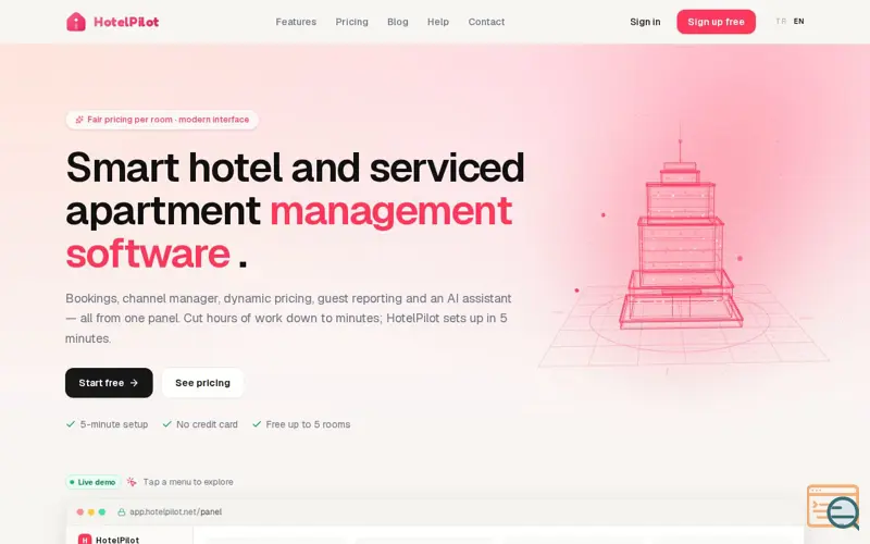 Screenshot of HotelPilot, a launch using Three.js
