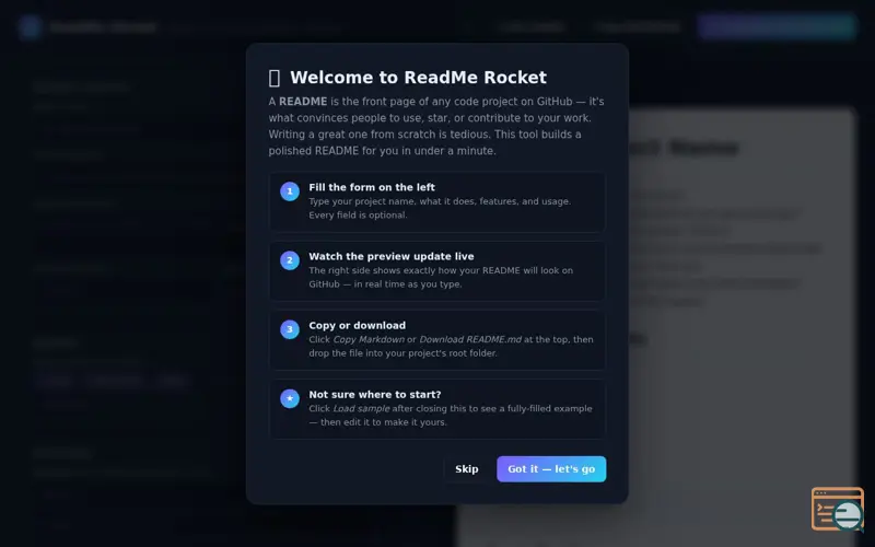Screenshot of ReadMe Rocket