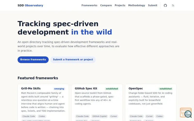 Screenshot of SDD Observatory — Tracking spec-driven development in the wild.