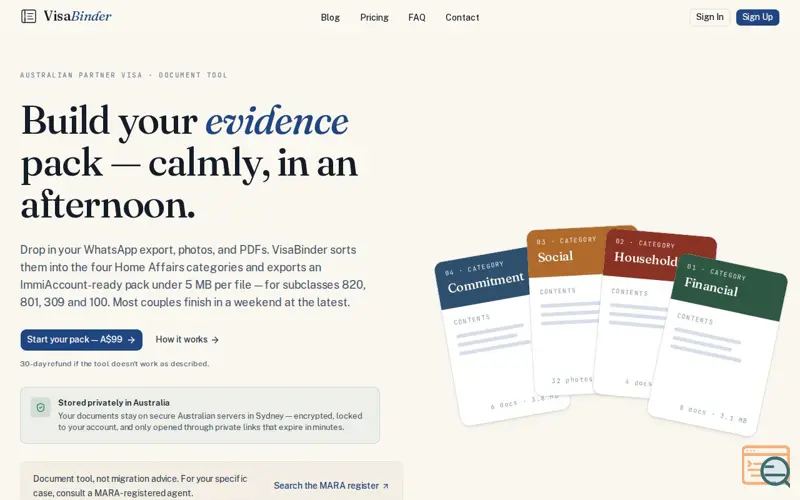 Screenshot of VisaBinder