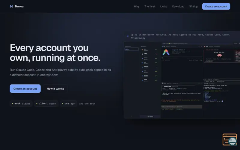 Screenshot of Nuvoa: run every AI coding account at once