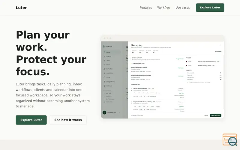 Screenshot of Luter — Plan your work. Protect your focus., a launch using Basin