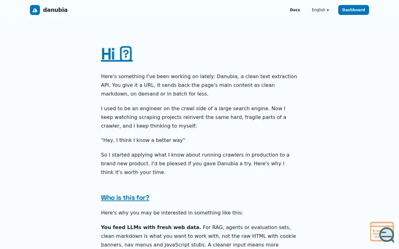 Screenshot of Danubia | Turn any web page into clean text, a launch using Statsig