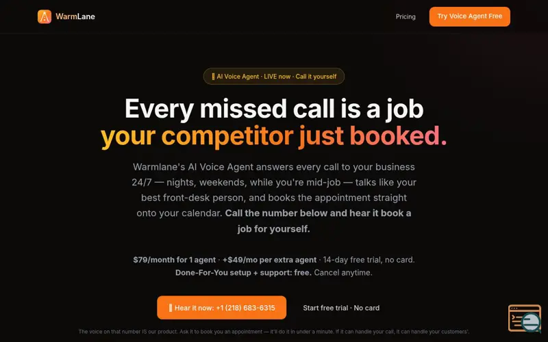 Screenshot of WarmLane — AI Voice Agent that answers your calls, books meetings, and sleeps never.