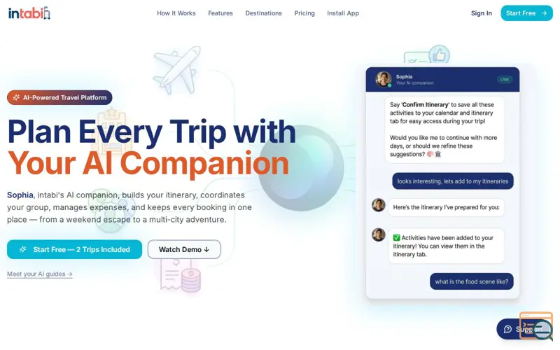 Screenshot of intabi AI Travel Planner, a launch using Site4Now Email