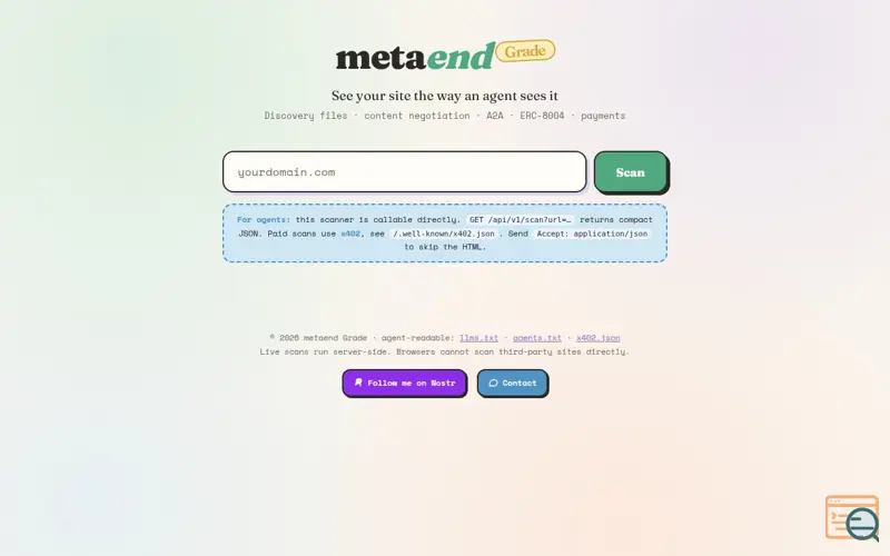 Screenshot of metaend Grade — Agent Readiness Checker