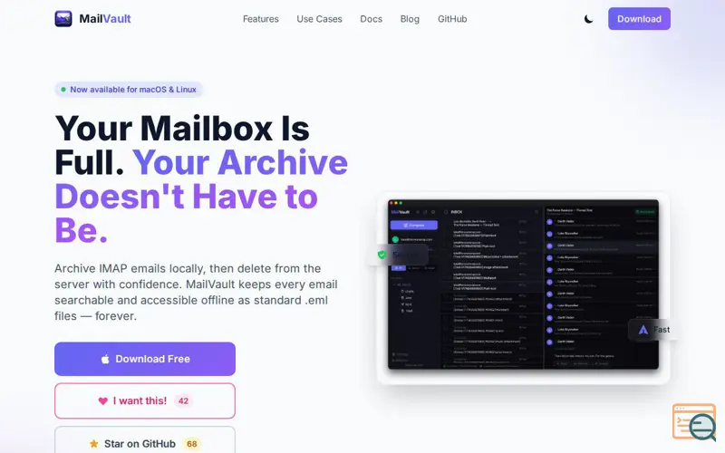 Screenshot of MailVault, a launch using Snapcraft