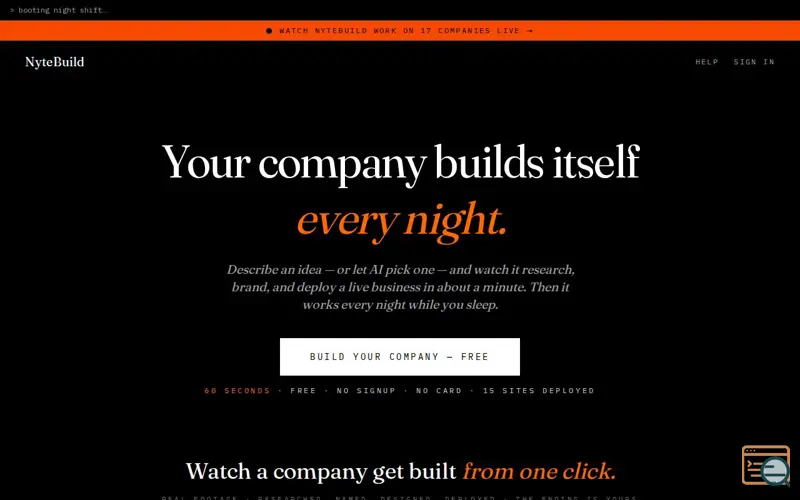 Screenshot of NyteBuild — Your company builds itself every night