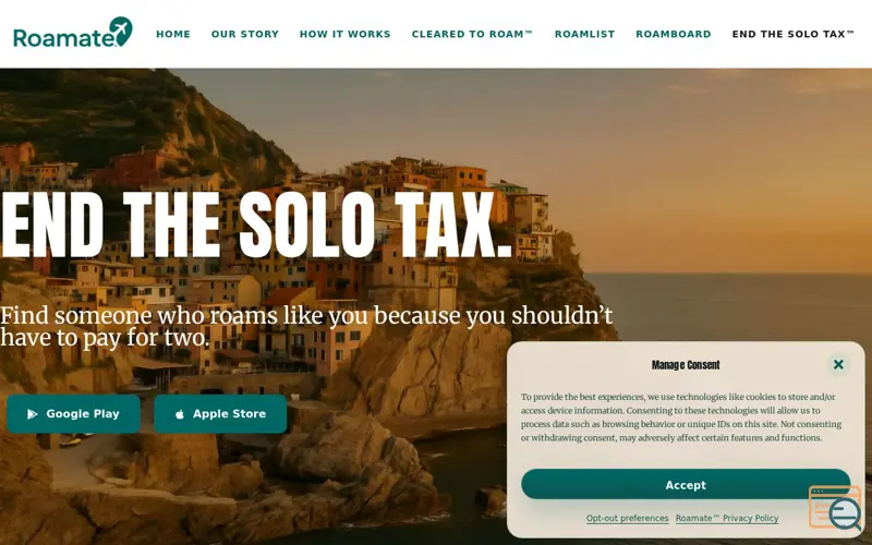 Screenshot of Roamate, a launch using Bilmur (WordPress.com RUM)