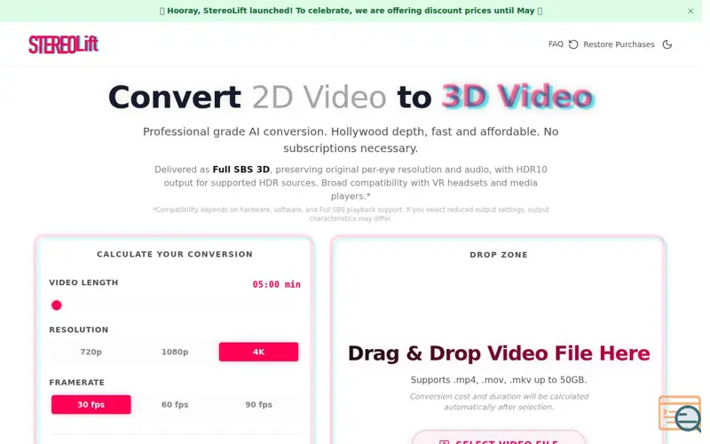 Screenshot of StereoLift 2D to 3D video conversion, a launch using Dropbox