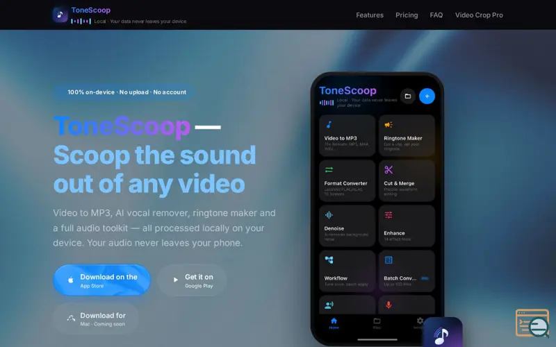 Screenshot of ToneScoop — Video to MP3, Vocal Remover & Audio Toolkit