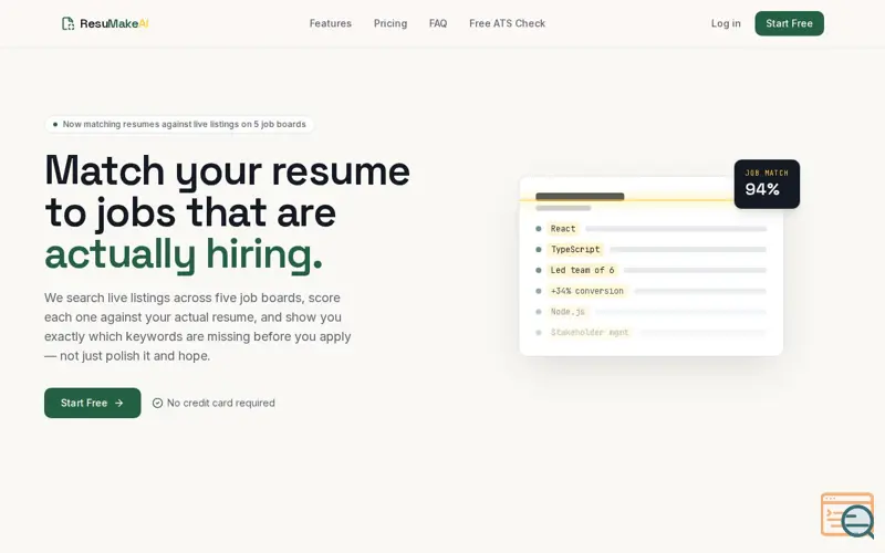 Screenshot of ResuMakeAi, a launch using Huzzler