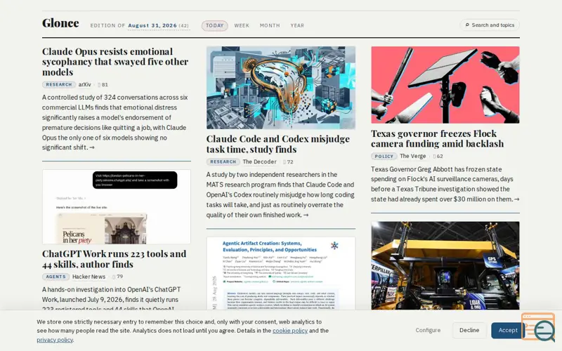 Screenshot of Glonce — the day in AI, at a glance
