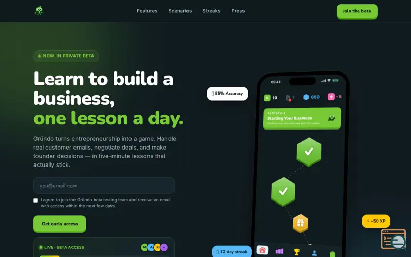 Screenshot of Gründo — Duolingo for entrepreneurs