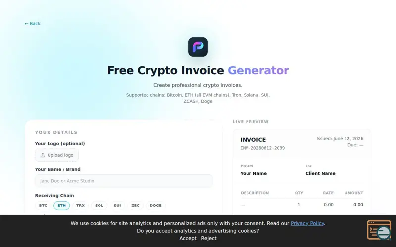 Screenshot of Palindrome Pay Crypto Invoice Generator