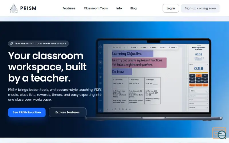 Screenshot of Prism Classroom, a launch using Startup Benchmarks