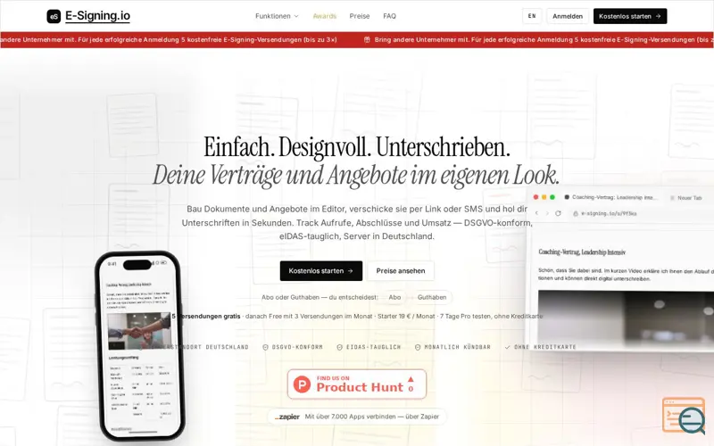 Screenshot of E-Signing.io, Verträge & Angebote online unterschreiben