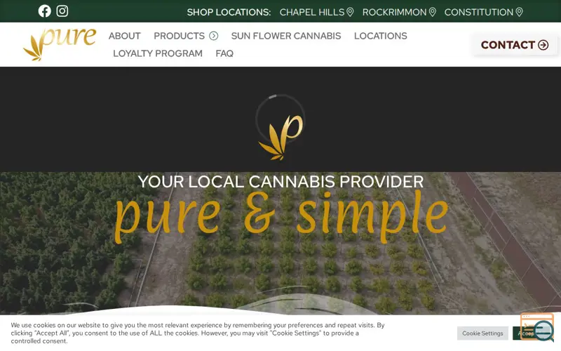 Screenshot of Pure Cannabis, a launch using CookieLawInfo