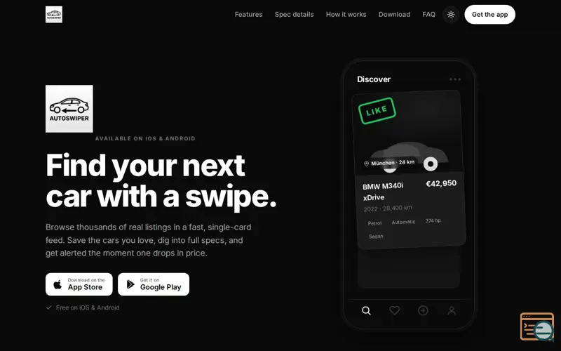 Screenshot of AutoSwiper - Swipe. Like. Drive., a launch using Namecheap DNS