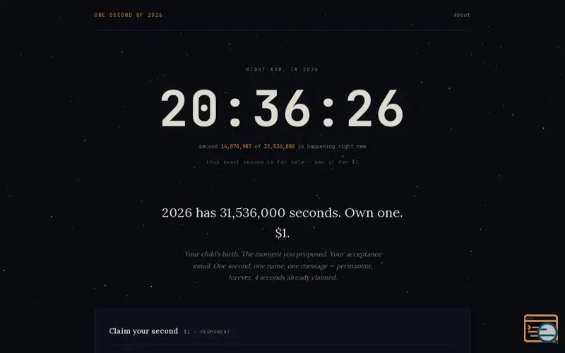 Screenshot of Own one second of 2026 for $1