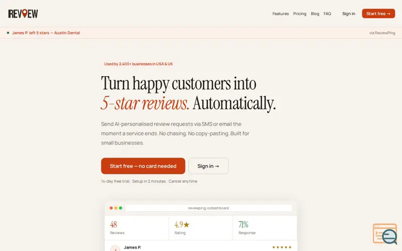 Screenshot of ReviewPing