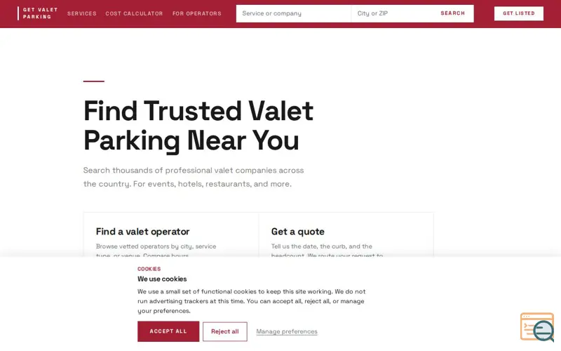 Screenshot of GetValetParking.com