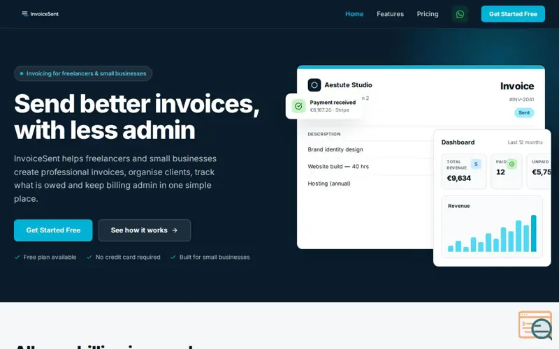 Screenshot of InvoiceSent — Send better invoices, with less admin, a launch using Word Presto