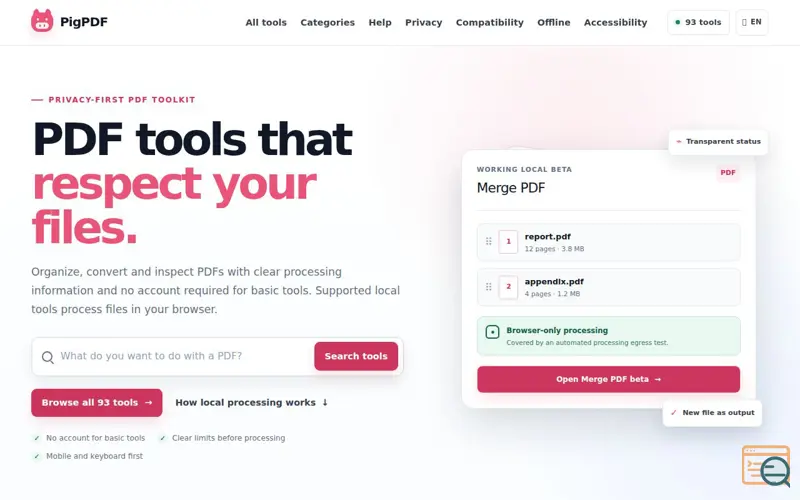 Screenshot of PigPDF — PDF tools that respect your files