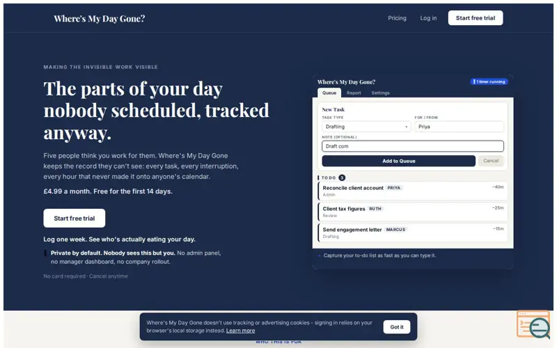 Screenshot of Where's My Day Gone? — Track the work nobody scheduled