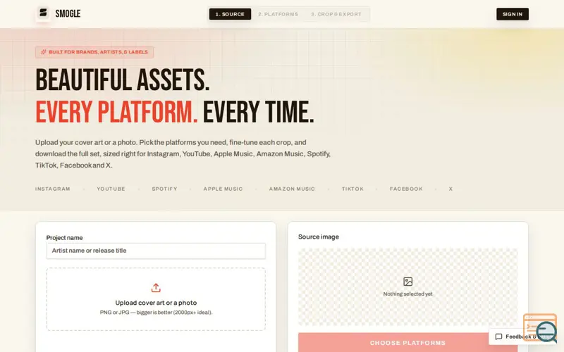 Screenshot of SMOGLE — Platform-perfect artist images in 2 minutes