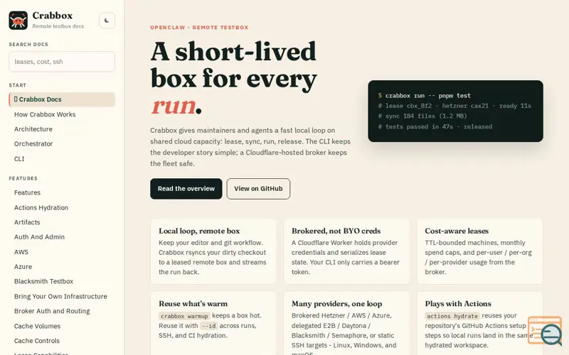Screenshot of Crabbox AI Sandboxes and Testboxes