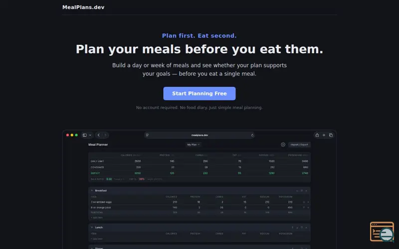 Screenshot of MealPlans.dev