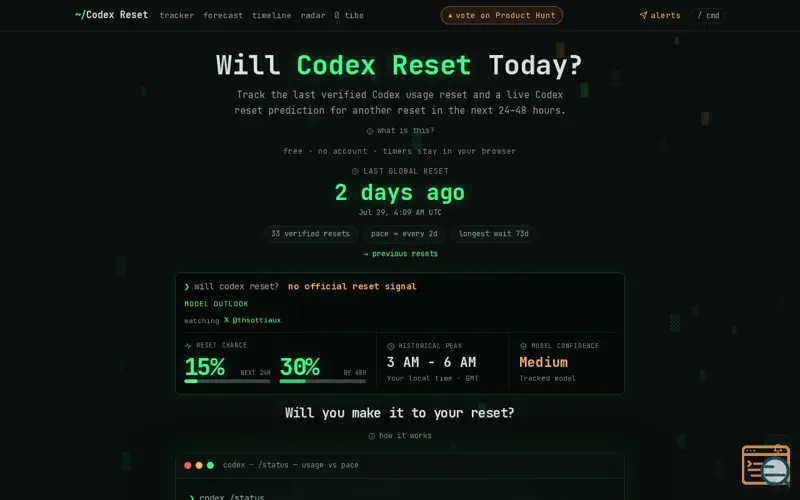 Screenshot of Codex Reset — Last Reset Tracker & Live Forecast