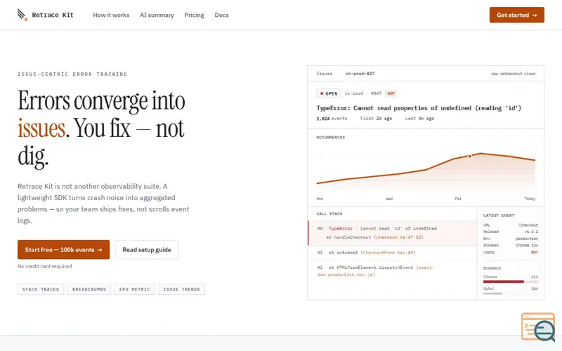 Screenshot of RetraceKit – Error Tracking platform