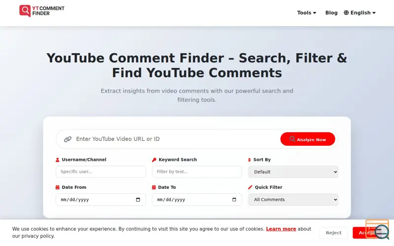 Screenshot of YouTube Comment Finder Online & free