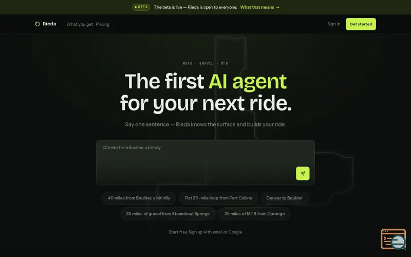 Screenshot of Rieda — AI route planner for road, gravel & MTB