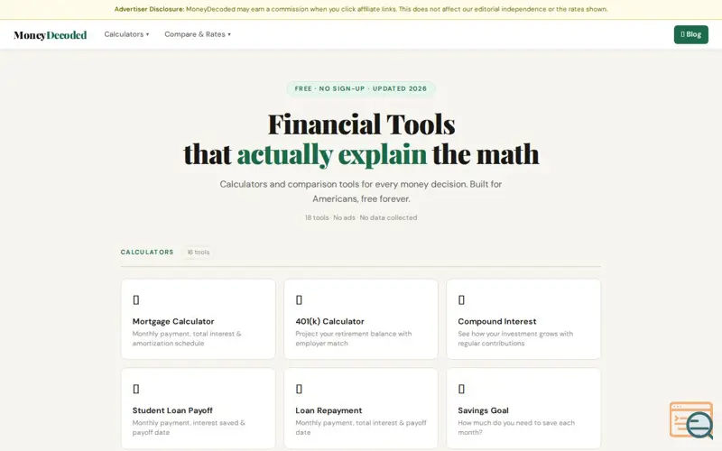 Screenshot of Free Financial Tools — MoneyDecoded