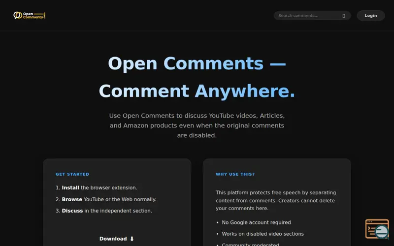 Screenshot of Open Comments — Comment Anywhere , a launch using Noembed