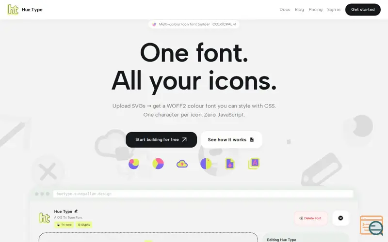 Screenshot of Multi Coloured Icon Fonts by Hue Type, a launch using Inspectlet